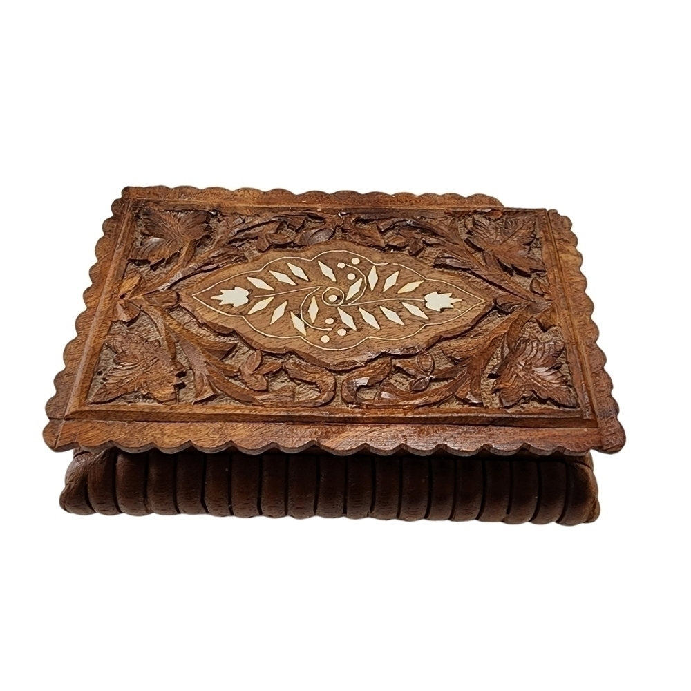 Vintage hand carved wood jewelry trinket box with inlay design India